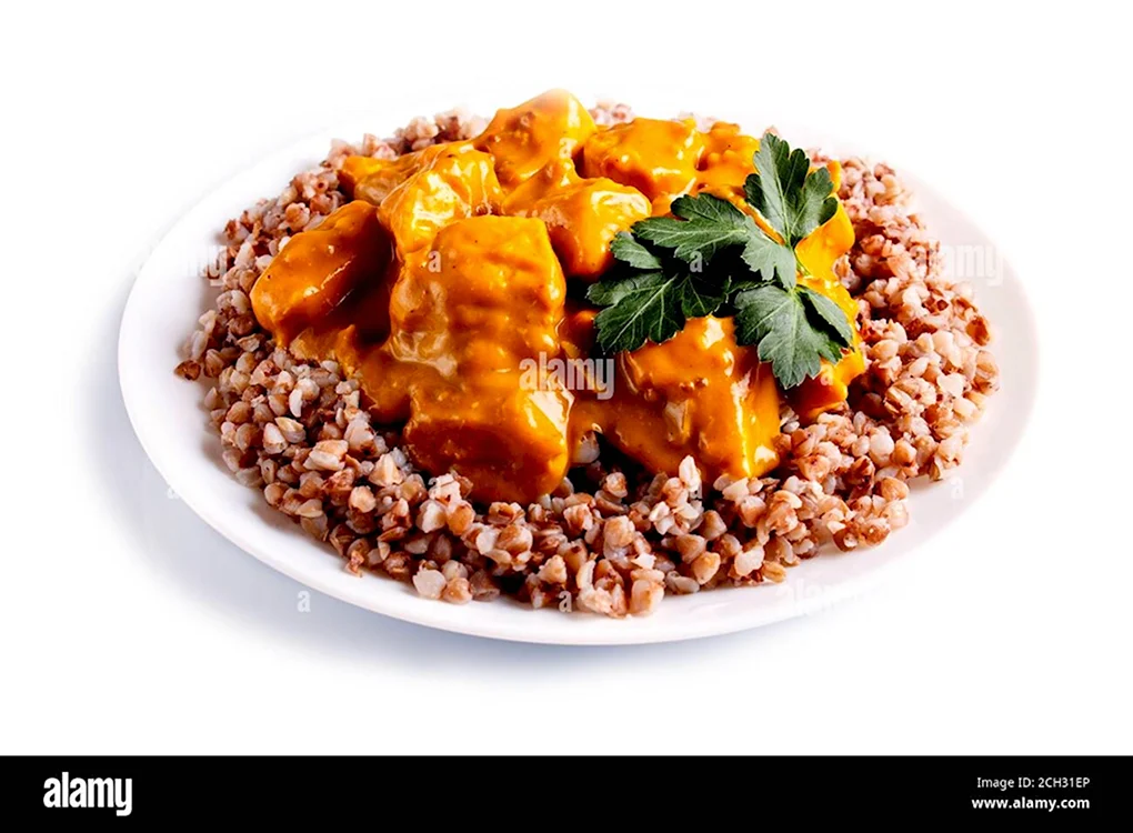 Гречка с мясом на белом фоне