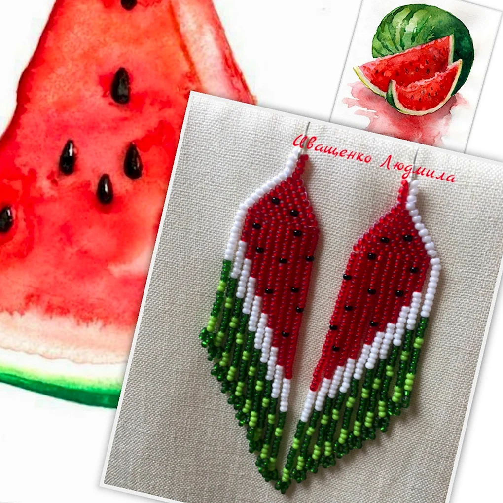 Серьги арбузы из бисера