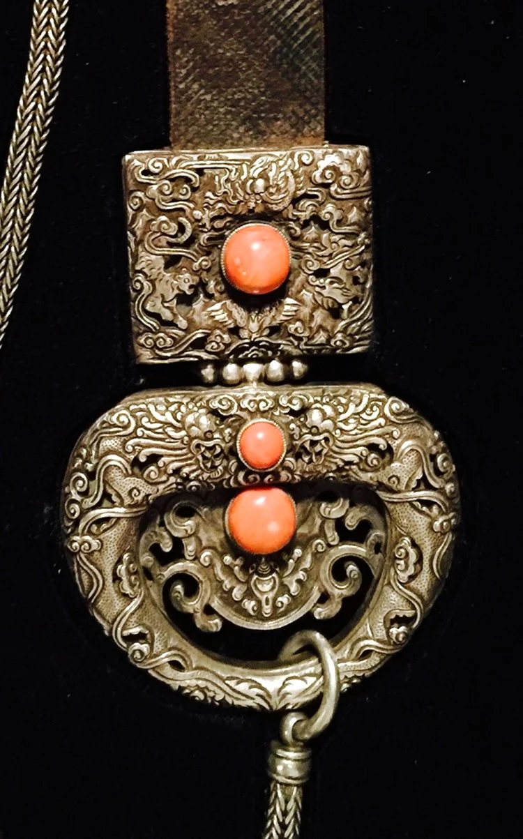Silver Belt Pendant Coral inset Mongol 19th Century.